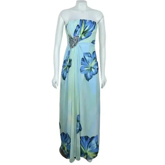 Jovani Gown Blue Green Floral Watercolor Beaded Strapless Chiffon Prom Grad 4 - Picture 2 of 15